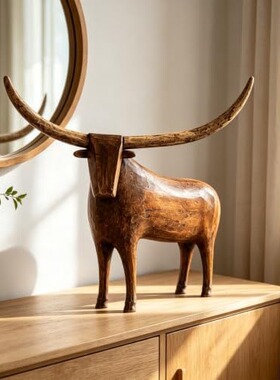 跨境新款 Vintage Longhorn Bull Sculpture复古长角公牛树脂摆件