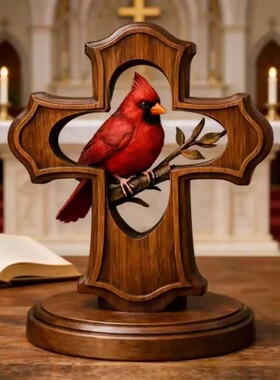 跨境新款 Cardinal Cross Ornament 红雀十字架饰品红色鸟摆件