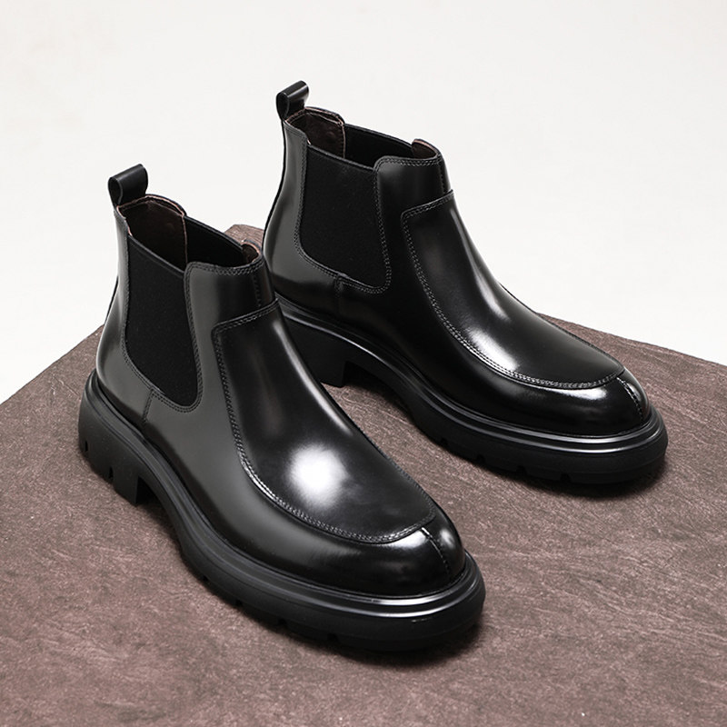 英伦风切尔西靴男靴真皮短靴子男士增高亮面皮靴头层牛皮高帮皮鞋