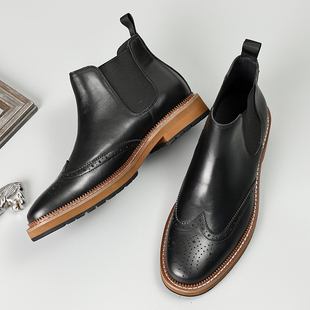 冬季英伦切尔西靴男布洛克复古雕花真皮短靴子男皮靴高帮皮鞋加绒