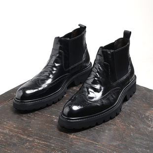 冬季英伦切尔西靴男靴真皮布洛克短靴子男胎牛皮高帮马丁皮鞋加绒