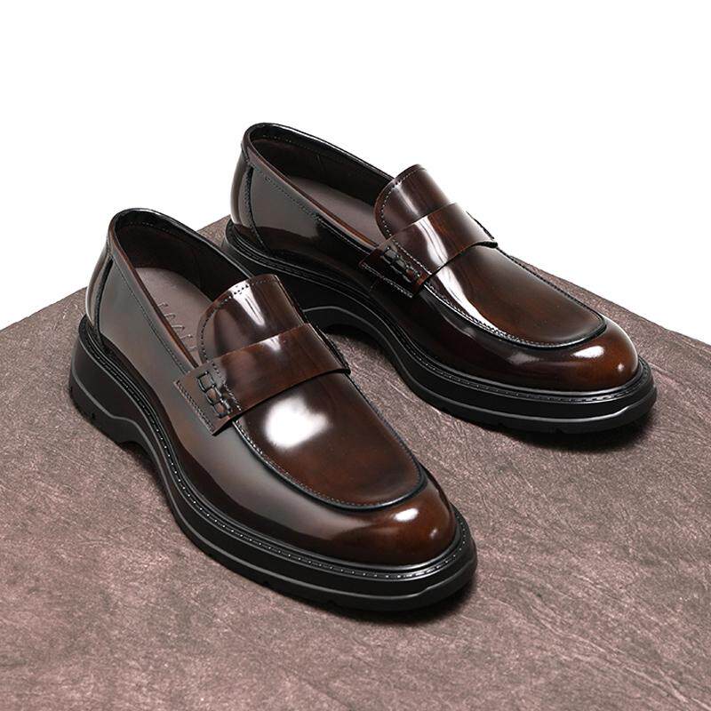 高端英伦商务休闲皮鞋男士亮皮一脚蹬乐福鞋真皮透气厚底正装男鞋