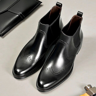 英伦风复古切尔西靴男靴布洛克雕花休闲短靴子男士真皮靴高帮皮鞋