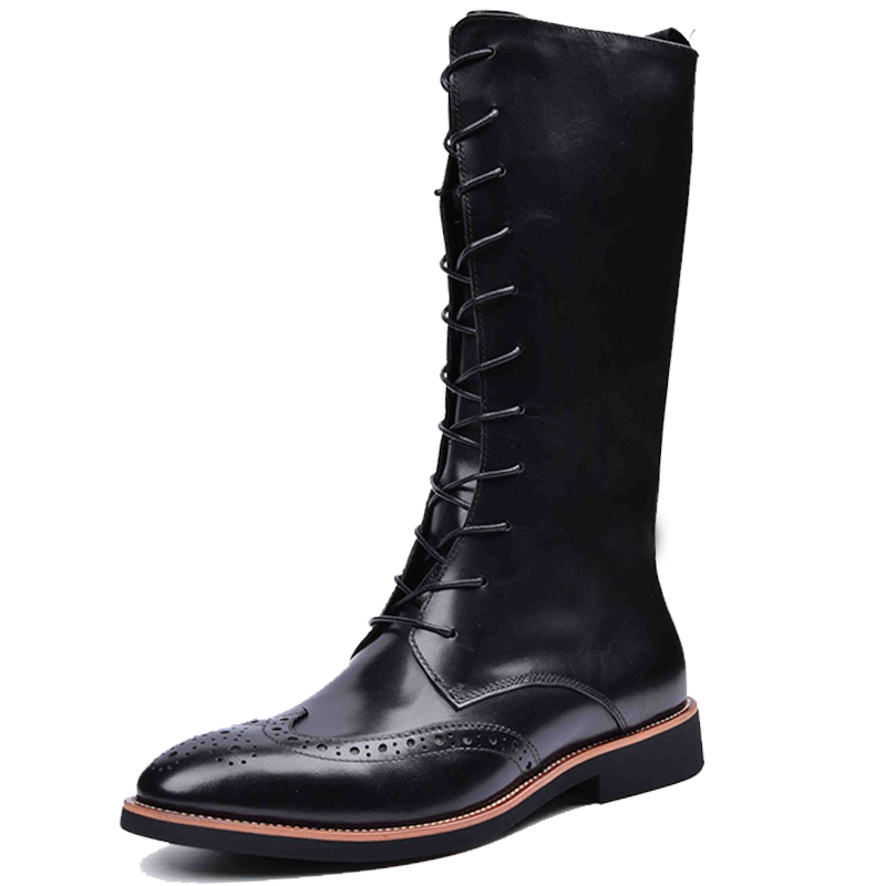 真皮长筒靴子男靴尖头英伦马丁靴高筒靴男士长靴子布洛克雕花皮靴