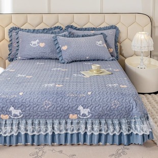 床盖单件秋冬三件套蕾丝床单花边床裙 加厚加绒牛奶绒款 新款 冬季
