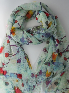 ZAR*家清新淡绿色系多色花卉印花百搭围巾柔软舒适大尺寸空调披肩