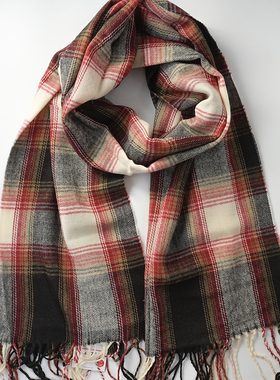 Z家暗红色黑色大格子格纹保暖围巾时尚复古百搭流苏披肩薄款春秋