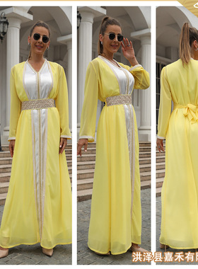 新款中东尼泊尔阿拉伯长款2件套带腰带珍珠黄色女修身时尚连衣裙