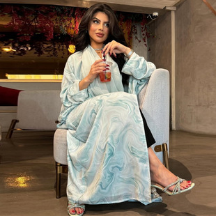 MQ199 modest时尚Abaya开衫袍子含头巾雪纺印花外套迪拜大袍