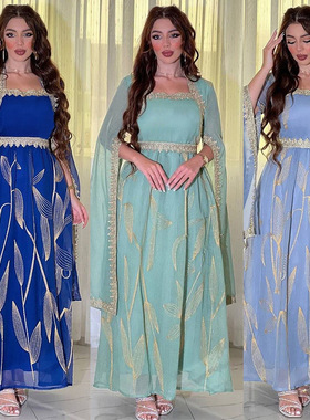 AB339 跨境热卖穆斯林长袍刺绣绣花阿曼迪拜女装东南亚印尼连衣裙