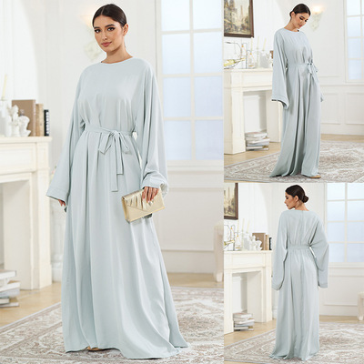 新款时尚中东纯色圆领腰带连衣裙Belt Solid Round Neck Dress