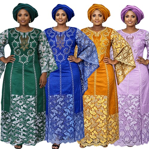 african dress非洲大码连衣裙刺绣拼接蕾丝及踝裙women clothing