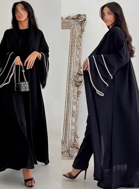 MQ120 modest阿拉伯迪拜开衫黑色长袍袖口拼接珠子Abaya时尚外套