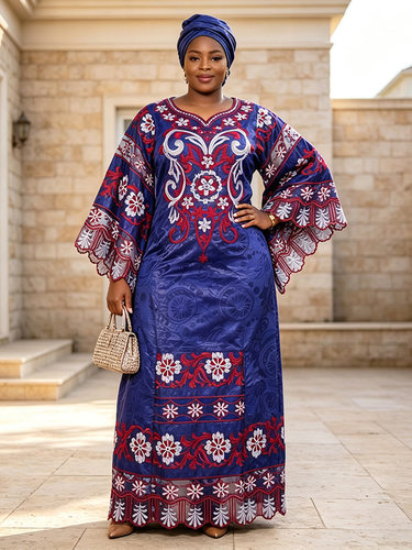 非洲大码女装Bazan长裙绣花拼接蕾丝big size连衣裙african dress