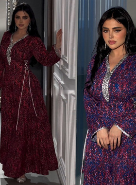 中东名族风镶钻结婚气质长袍印花红色连衣裙V-neck PRINT DRESS