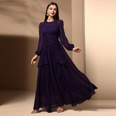 KY1423欧美珍珠雪纺连衣裙优雅灯笼袖拼接派对聚会礼服