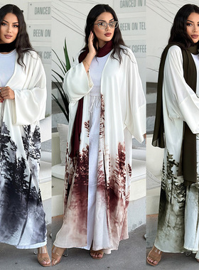 MQ114 modest外贸女士印花长袍阿拉伯迪拜开衫外穿外套