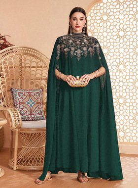 中东女士优雅刺绣立领连衣裙阿拉伯罩袍绿色长袍arab dress robe