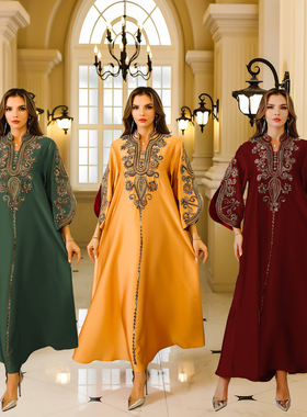 中东musilin女装阿拉伯沙特迪拜刺绣长袍长裙绳绣连衣裙外贸