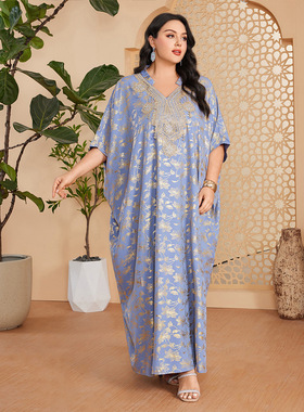 浅蓝色长裙五分袖烫金大码v领气质300斤胖妹妹宽松plus size长裙