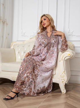 241104女装长袍绣花布印花镶钻女长裙连衣裙Abayas