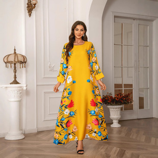 ZD030沙特女装时尚印花烫钻长袍女长裙Abaya连衣裙