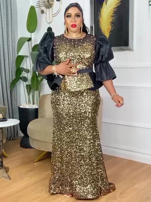 大码女装秋季新款重工亮片鱼尾裙高腰派对晚礼服african dress