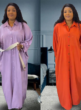 衬衫长裙polo领中东长罩袍非洲大码女装烫钻高个子连衣裙lclothes