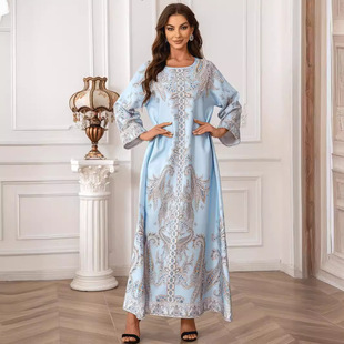 ZD011中东迪拜ins跨境穆斯林女士长袍钉珠印花dress圆领修身Abaya