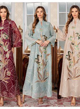 新款女装长袍优雅刺绣花边连衣裙服饰Abaya