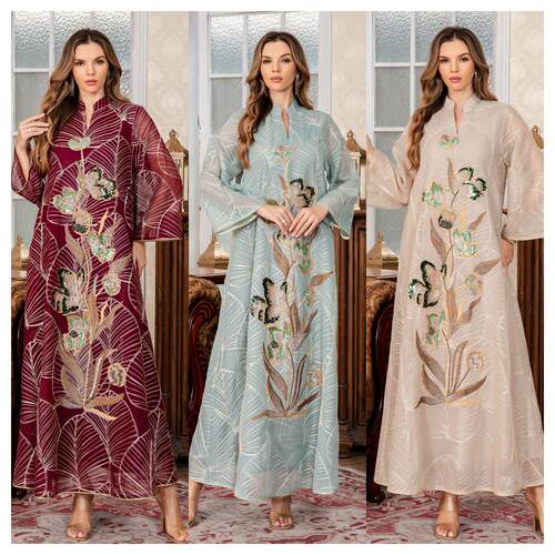 新款女装长袍优雅刺绣花边连衣裙服饰Abaya