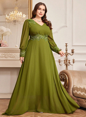 军绿色胖mm及踝大码长裙子long dress womwn clothes sexy v neck