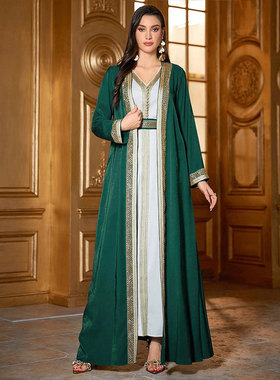 中东迪拜长袍连衣裙阿拉伯民族风开衫大码宽松显瘦旅游绿色礼服女