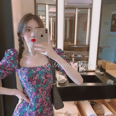 Real price real shot French retro waist foam sleeve square collar light cooked wind split flower dress summer