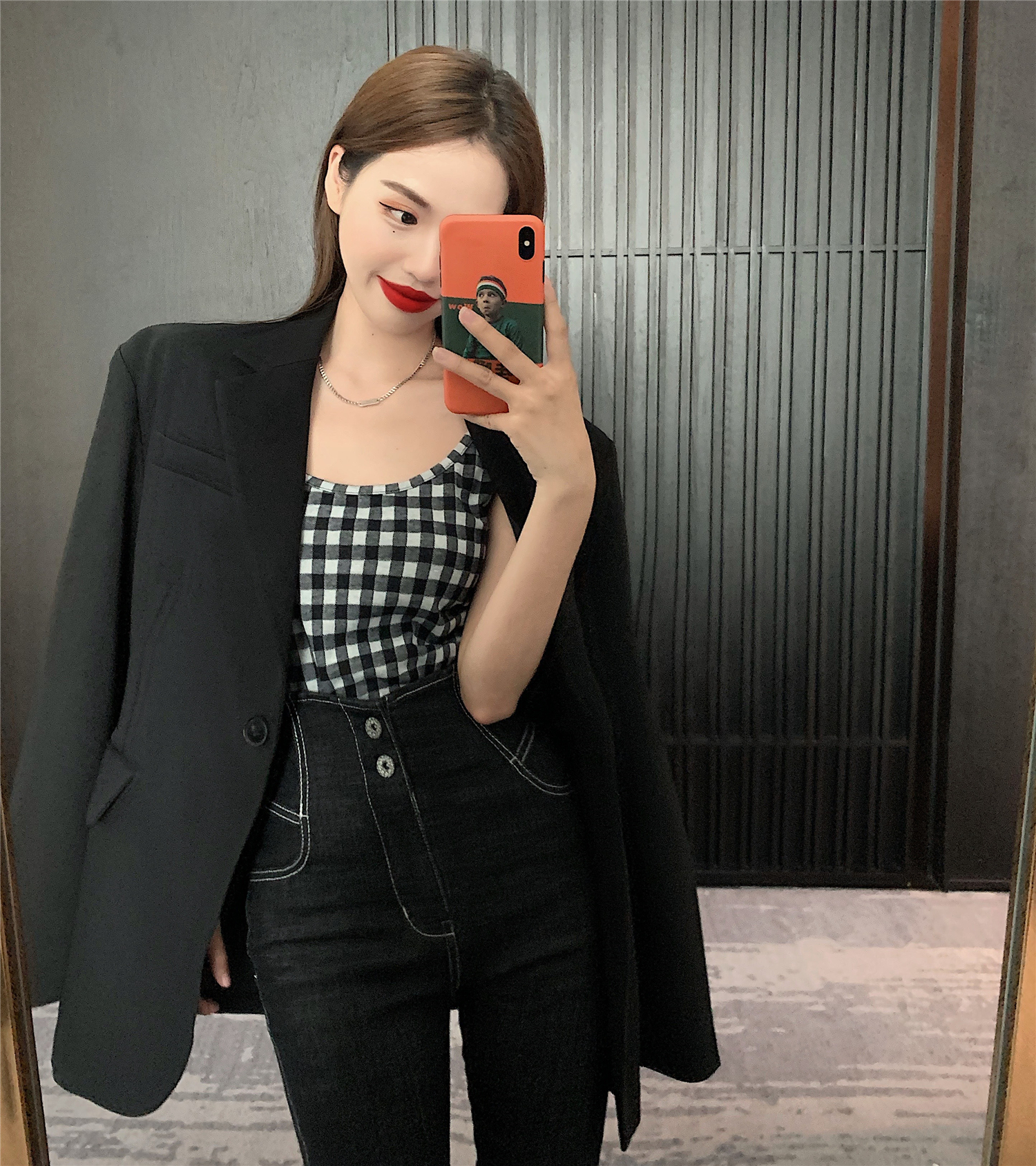 Real price and real shot temperament suit Korean loose suit checked suspender bottomed high waist skinny jeans