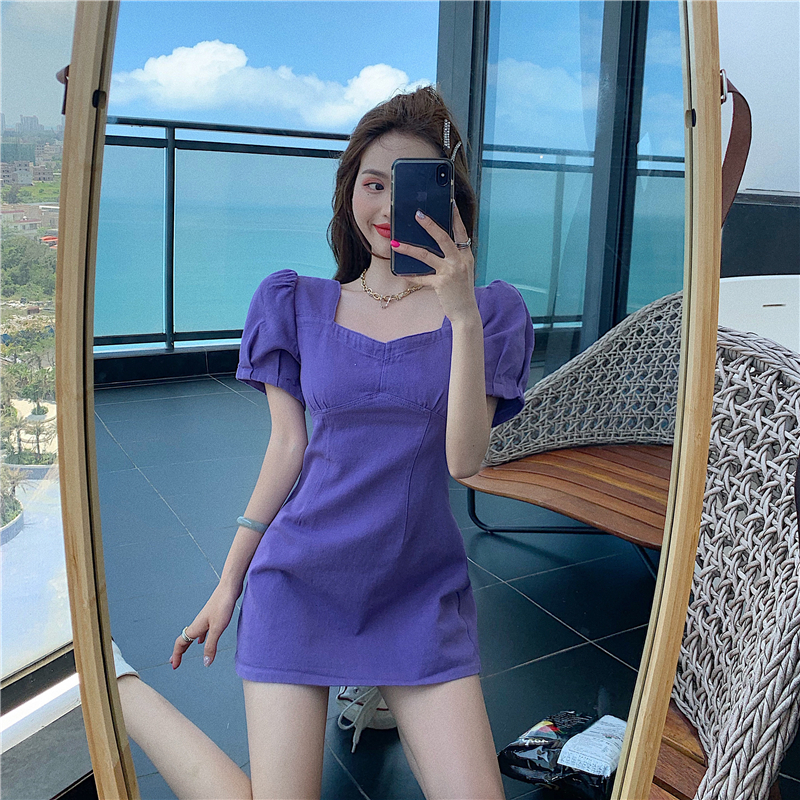 Women's summer French retro square neck bubble sleeve high waist A-line skirt