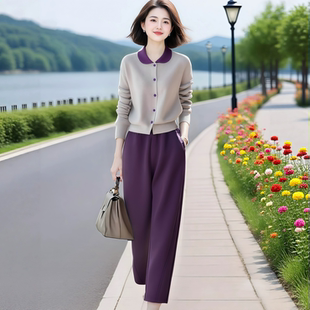 秋季 套装 原创品牌高级感轻奢撞色翻领针织上衣休闲裤 素韵订制女装