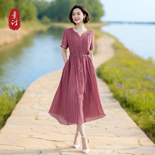 素韵订制品牌女装旗舰店印花半身裙套装绑带t恤上衣女气质两件套