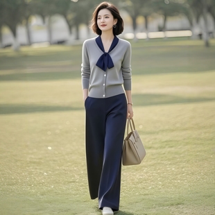 套装 上衣超好看休闲裤 秋 原创品牌高级感蝴蝶结针织衫 素韵订制女装