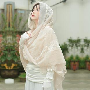 春秋云南大理丽江旅游防晒丝巾三亚海边沙滩米色披肩包头头巾穿搭