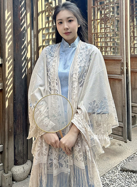 春夏季薄款中式旗袍披肩女外搭汉服连衣裙镂空拍照蕾丝中长款开衫