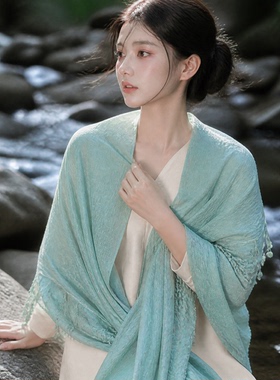 清冷国风蓝绿色棉麻围巾汉服旗袍外搭女遮肩春秋薄款春秋丝巾披肩