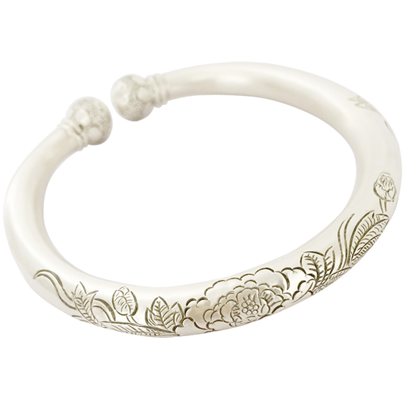 10年老店重工仿古风牡丹银手镯