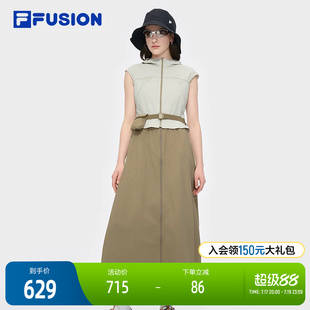 FILA FUSION斐乐潮牌女子梭织连衣裙2025夏季新款拼色连帽无袖裙