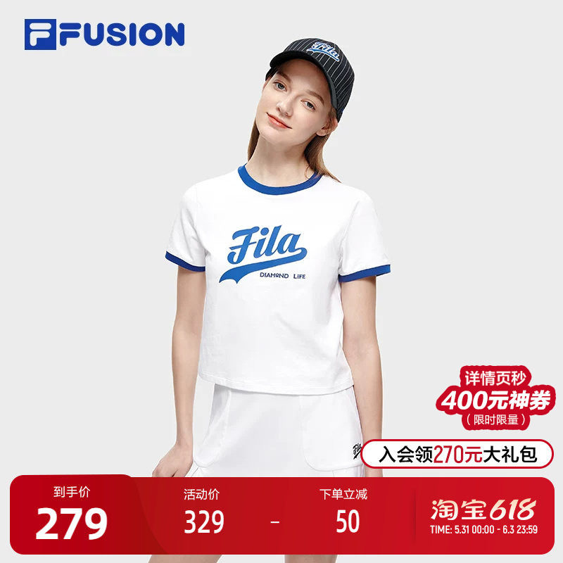 FILA FUSION斐乐潮牌女子圆领短袖T恤夏季时尚休闲棒球运动短袖衫