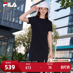 开衩圆领连身长裙子 简约修身 FILA斐乐官方女子针织连衣裙夏季 时尚