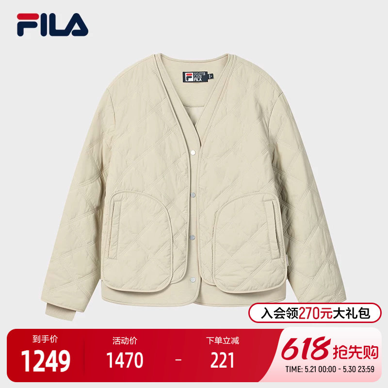 FILA 斐乐官方女士棉服2026春新款时尚休闲绗缝V领假两件保暖外套