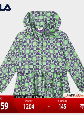 FILA Emerald斐乐女士女装外套2024秋新款满印中长款收腰连帽上衣