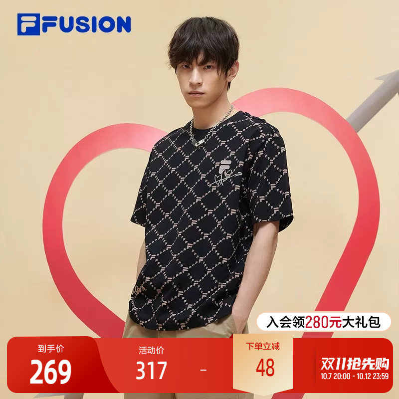 FILA FUSION斐乐潮牌情侣款针织短袖衫春时尚宽松纯棉T恤