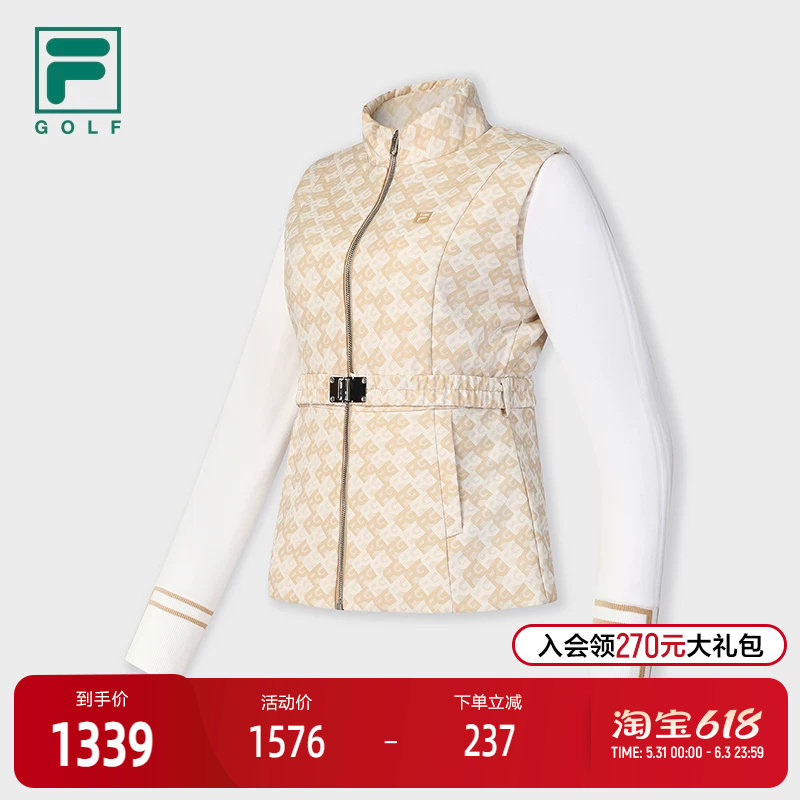 FILA 斐乐官方女士棉服2025春季新款高尔夫运动满印拼接收腰